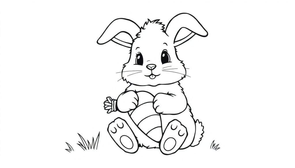 A cute bunny in a black and white color panel drawing, holding a striped egg.