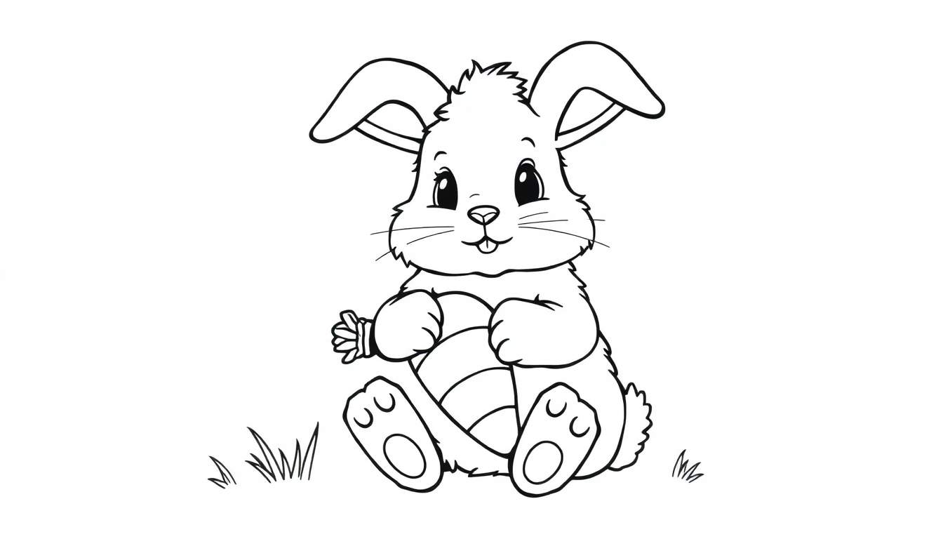 A cute bunny in a black and white color panel drawing, holding a striped egg.