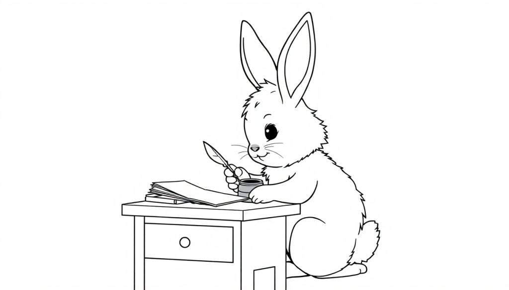 A cute bunny is at a desk writing, a black and white color panel for kids.