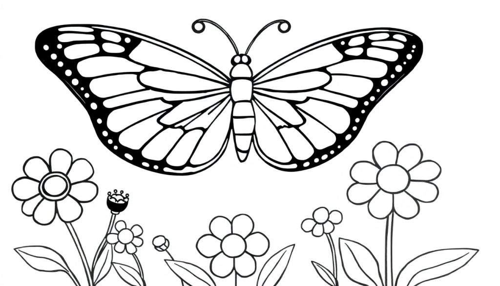 A delightful black and white color panel featuring a butterfly with large, detailed wings and a cluster of charming flowers and leaves, ready for coloring fun.