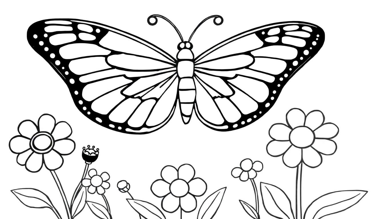 A delightful black and white color panel featuring a butterfly with large, detailed wings and a cluster of charming flowers and leaves, ready for coloring fun.