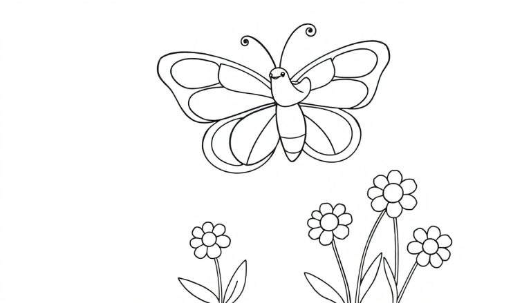 A black and white drawing of a butterfly with big wings and three flowers for a color panel.