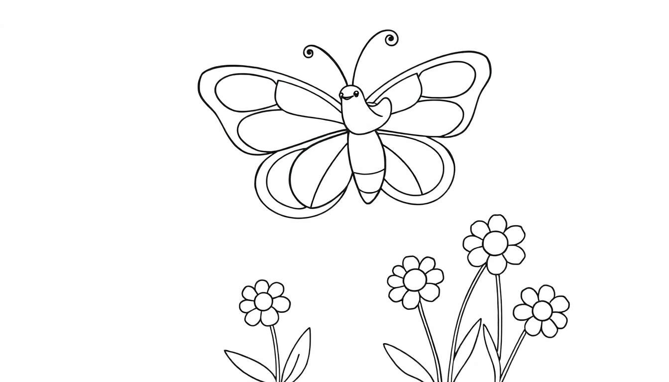 A black and white drawing of a butterfly with big wings and three flowers for a color panel.