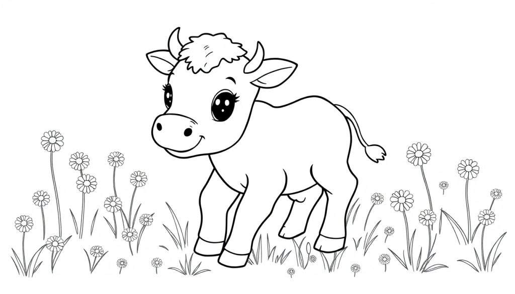 A cute calf in a black and white color panel illustration, surrounded by daisies.