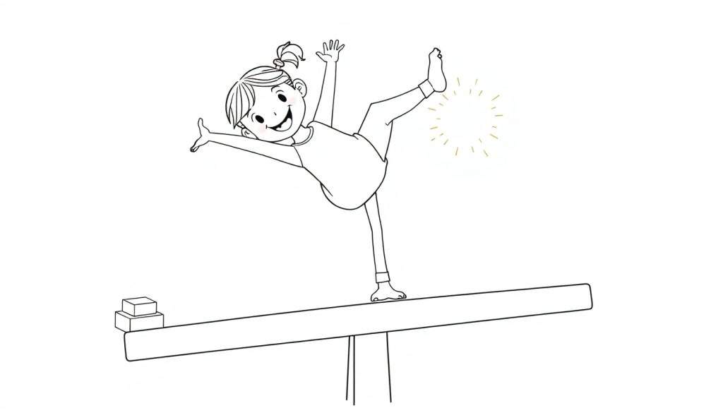 Cute girl doing a cartwheel on a balance beam, ready for coloring. Black and white line art color panel.