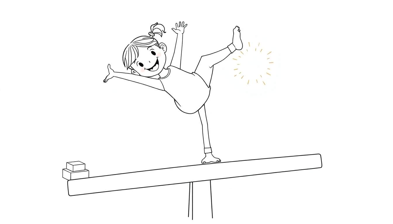 Cute girl doing a cartwheel on a balance beam, ready for coloring. Black and white line art color panel.