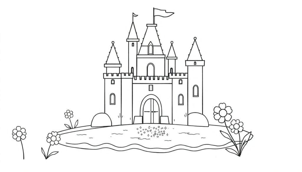 A castle outline on a color panel, surrounded by flowers.