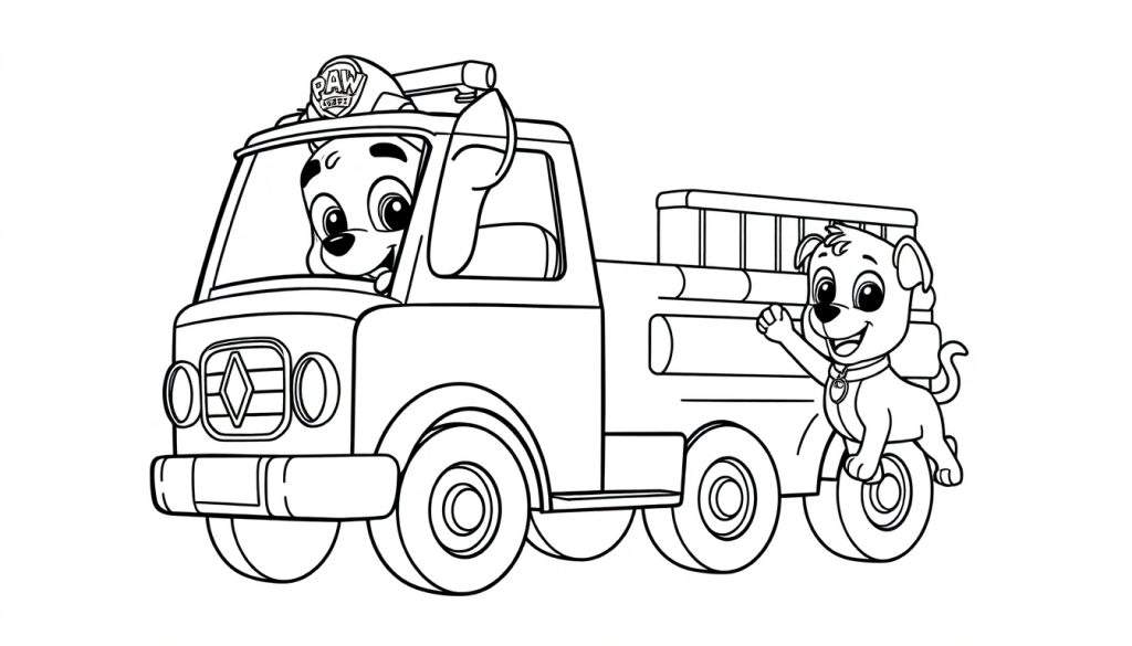 A cartoon color panel of Chase from Paw Patrol in a fire truck with a dog waving goodbye.