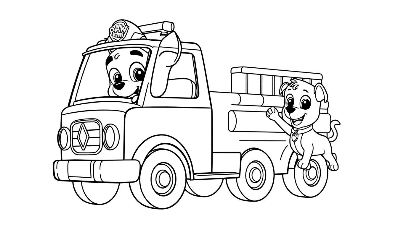 A cartoon color panel of Chase from Paw Patrol in a fire truck with a dog waving goodbye.