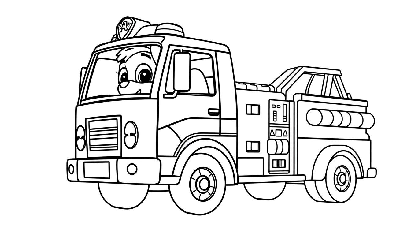 A Paw Patrol fire truck coloring panel with Chase driving.