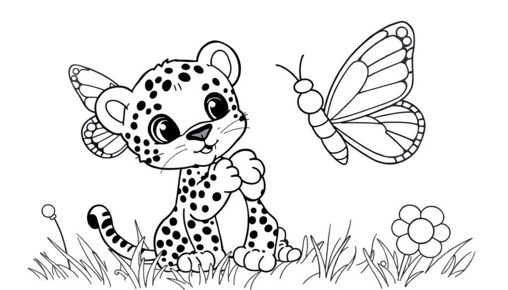 A cute black and white spotted cheetah cub with butterfly wings sits in grass with a flower, a butterfly hovers nearby. This is a simple drawing, perfect for a coloring panel.