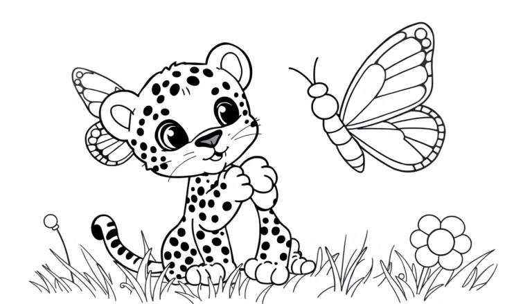 A cute black and white spotted cheetah cub with butterfly wings sits in grass with a flower, a butterfly hovers nearby. This is a simple drawing, perfect for a coloring panel.