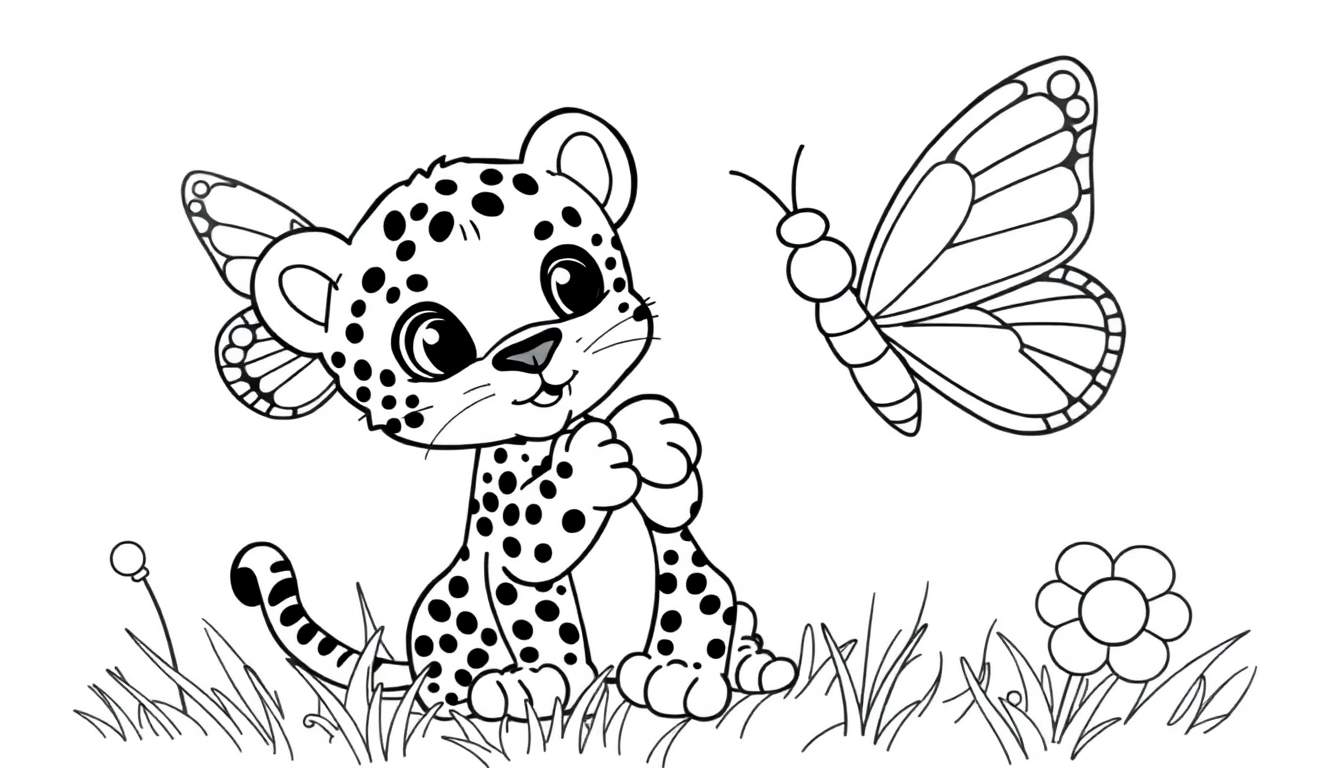 A cute black and white spotted cheetah cub with butterfly wings sits in grass with a flower, a butterfly hovers nearby. This is a simple drawing, perfect for a coloring panel.