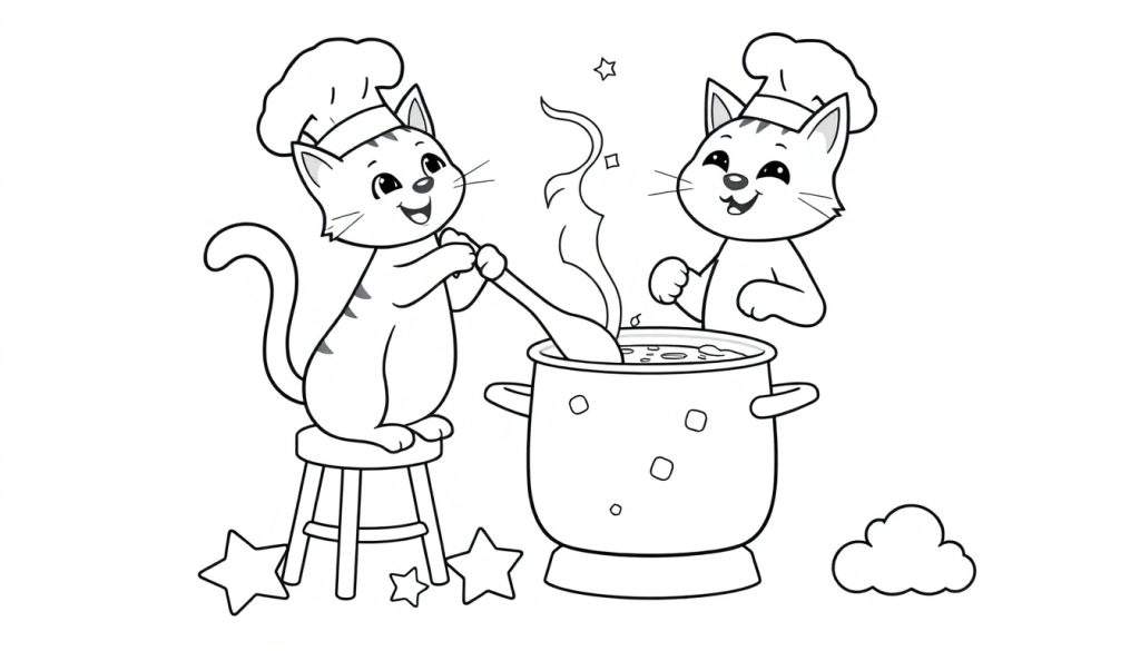 Two cartoon cats cooking together, one stirring a pot on a stool, the other adding ingredients, a black and white color panel.