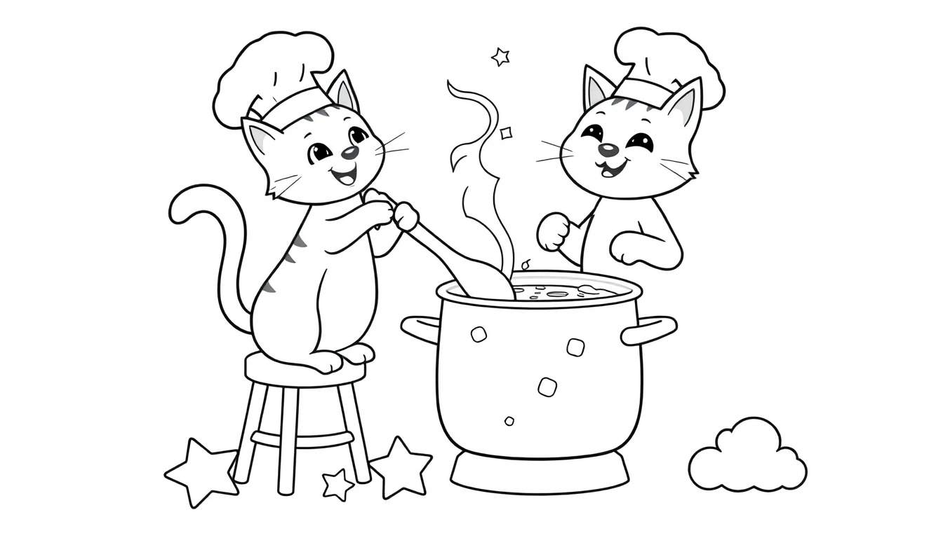 Two cartoon cats cooking together, one stirring a pot on a stool, the other adding ingredients, a black and white color panel.