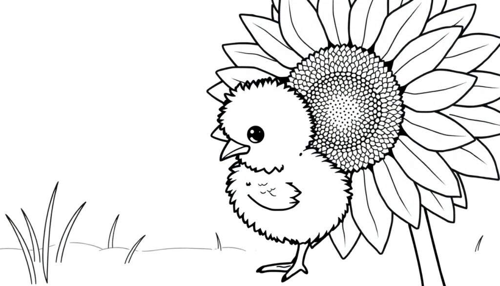 A sweet baby chick looking at a big sunflower, a fun color panel for kids.