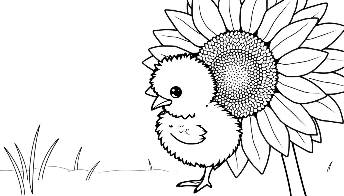 A sweet baby chick looking at a big sunflower, a fun color panel for kids.