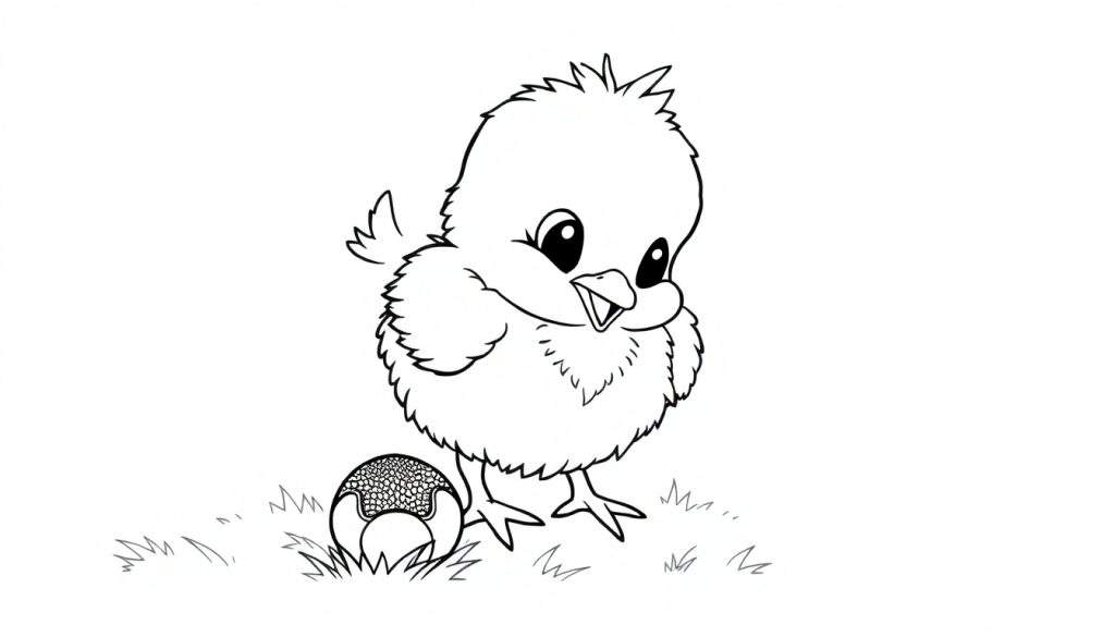 A cute baby chick looking at a ball on grass, a simple outline for a color panel.
