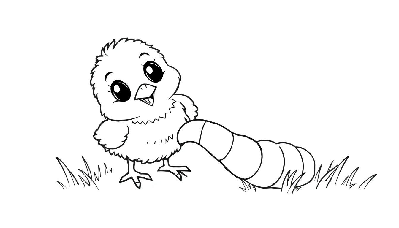 A fluffy baby chick pecking at a caterpillar in a grass color panel.