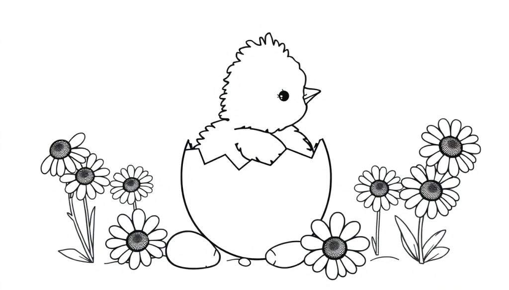 A black and white coloring page of a fluffy chick hatching from a cracked egg, surrounded by daisies. This color panel is perfect for little artists.