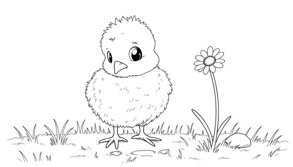 A fluffy chick in a black and white coloring page, looking at a daisy. Color panel.