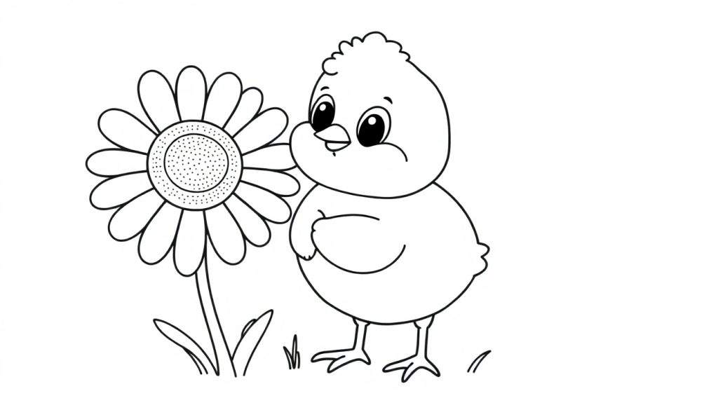 A cute chick and flower coloring panel.
