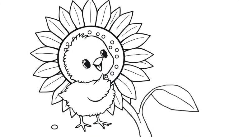 A cute chick with its wing up, next to a big sunflower. Black and white color panel for kids.