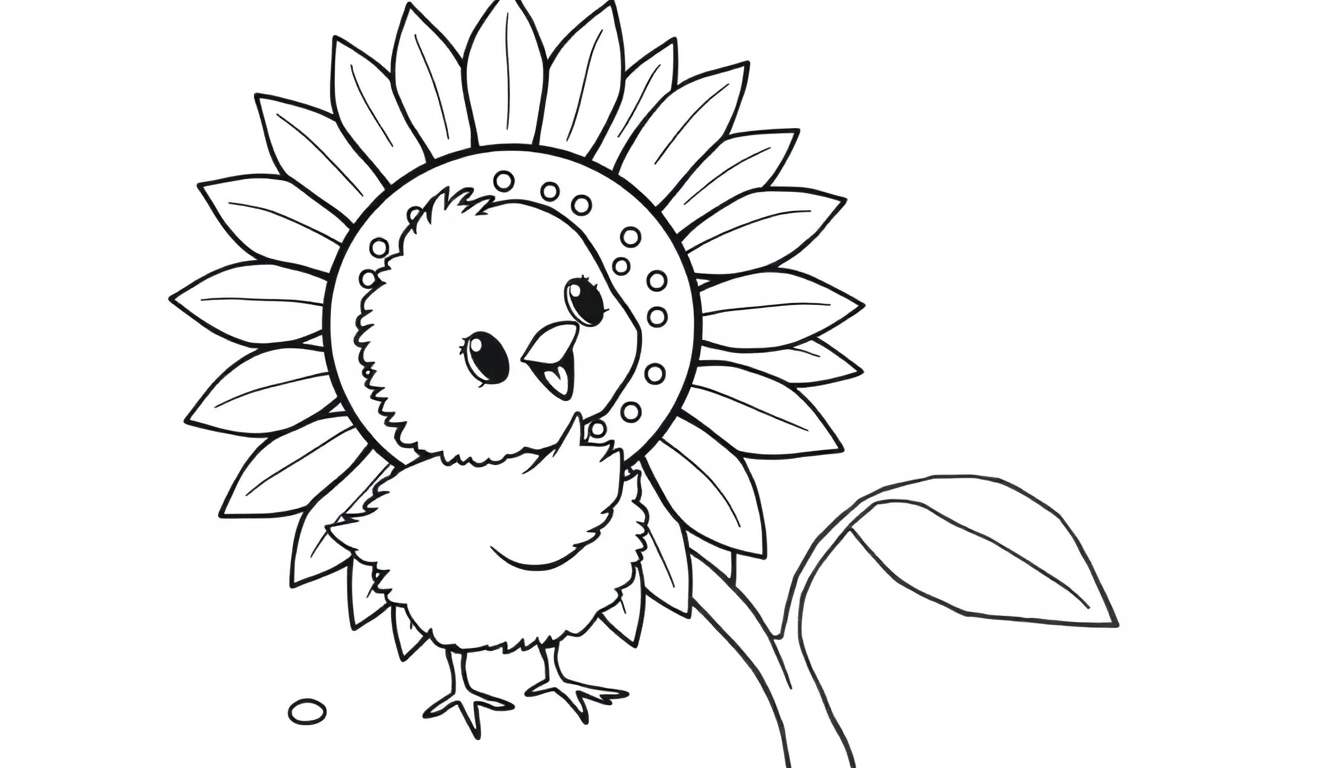 A cute chick with its wing up, next to a big sunflower. Black and white color panel for kids.