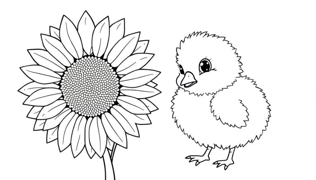 A black and white color panel of a fluffy chick looking at a sunflower.