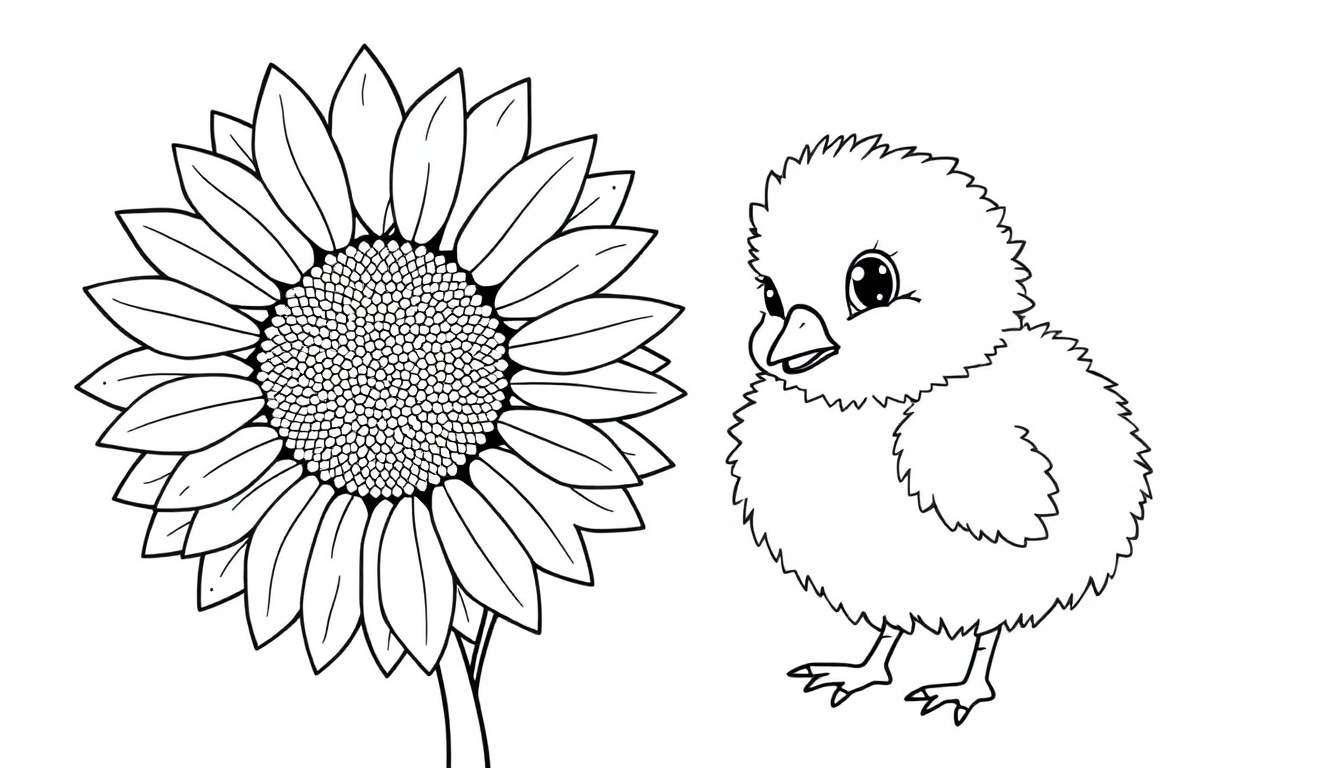 A black and white color panel of a fluffy chick looking at a sunflower.