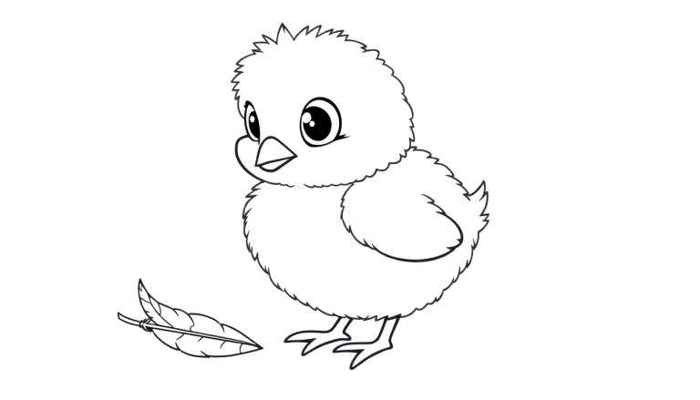 A cute black and white cartoon chick pecking at a leaf, ready for the color panel.