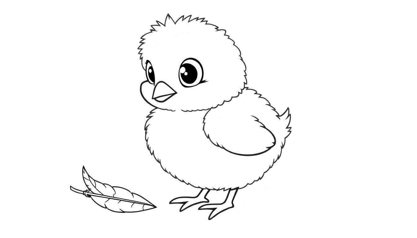 A cute black and white cartoon chick pecking at a leaf, ready for the color panel.