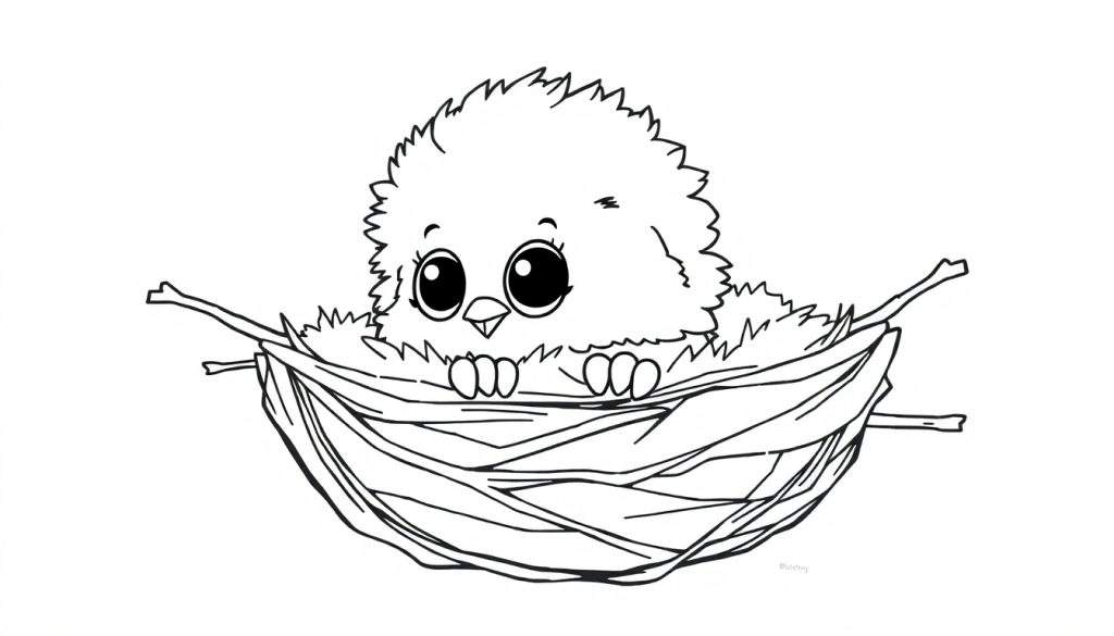A cute cartoon chick in a nest, a color panel.