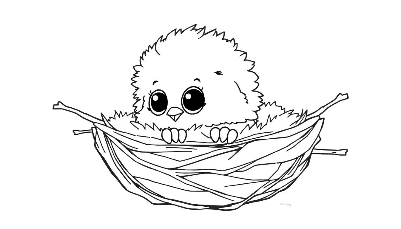 A cute cartoon chick in a nest, a color panel.