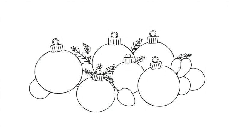 A black and white line drawing color panel featuring Christmas ornaments and greenery.