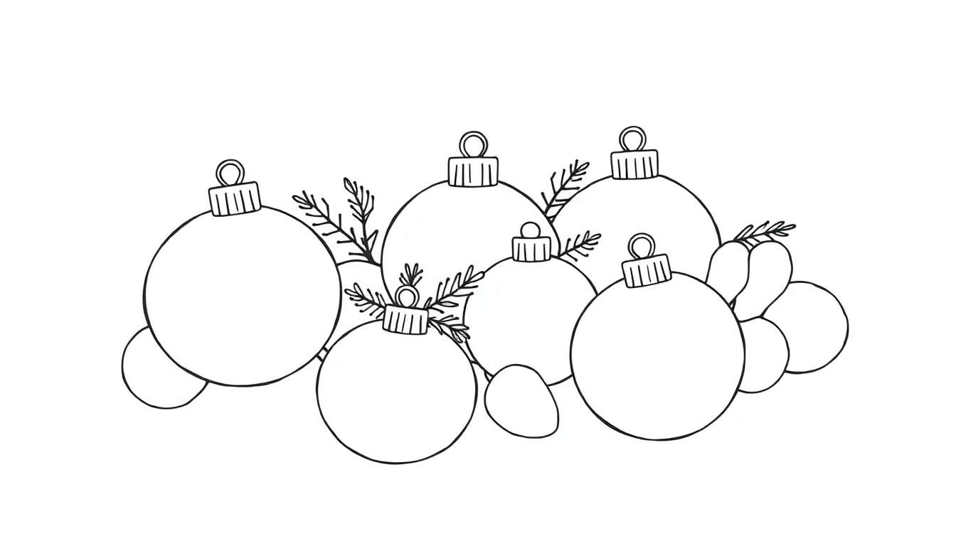A black and white line drawing color panel featuring Christmas ornaments and greenery.