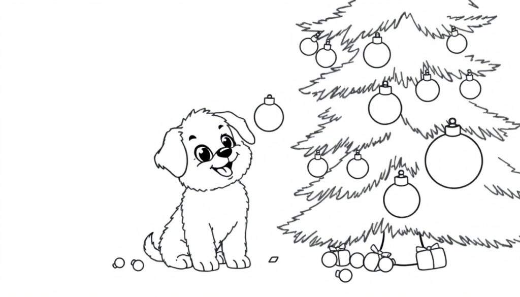 A black and white drawing of a cute puppy and a Christmas tree, perfect for a color panel.