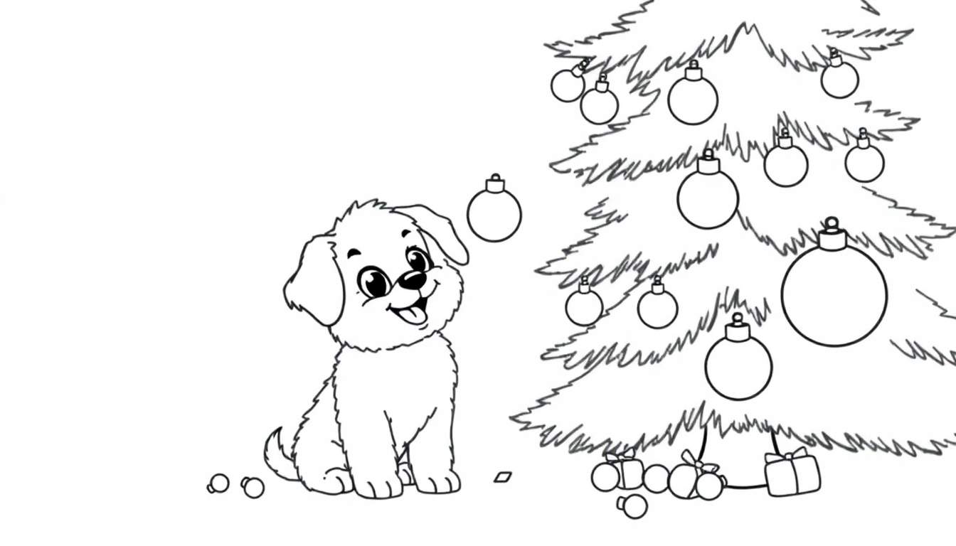 A black and white drawing of a cute puppy and a Christmas tree, perfect for a color panel.