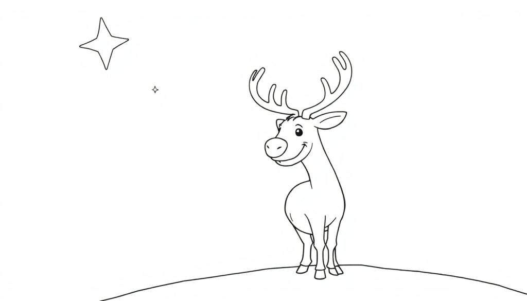 A cartoon reindeer on a hill, with stars above, ready for Christmas coloring. This is a color panel.