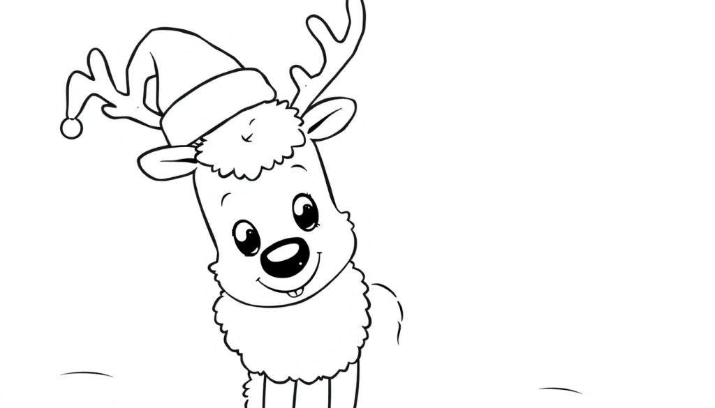 A cute black and white cartoon reindeer wearing a Santa hat, ready for coloring on a color panel.