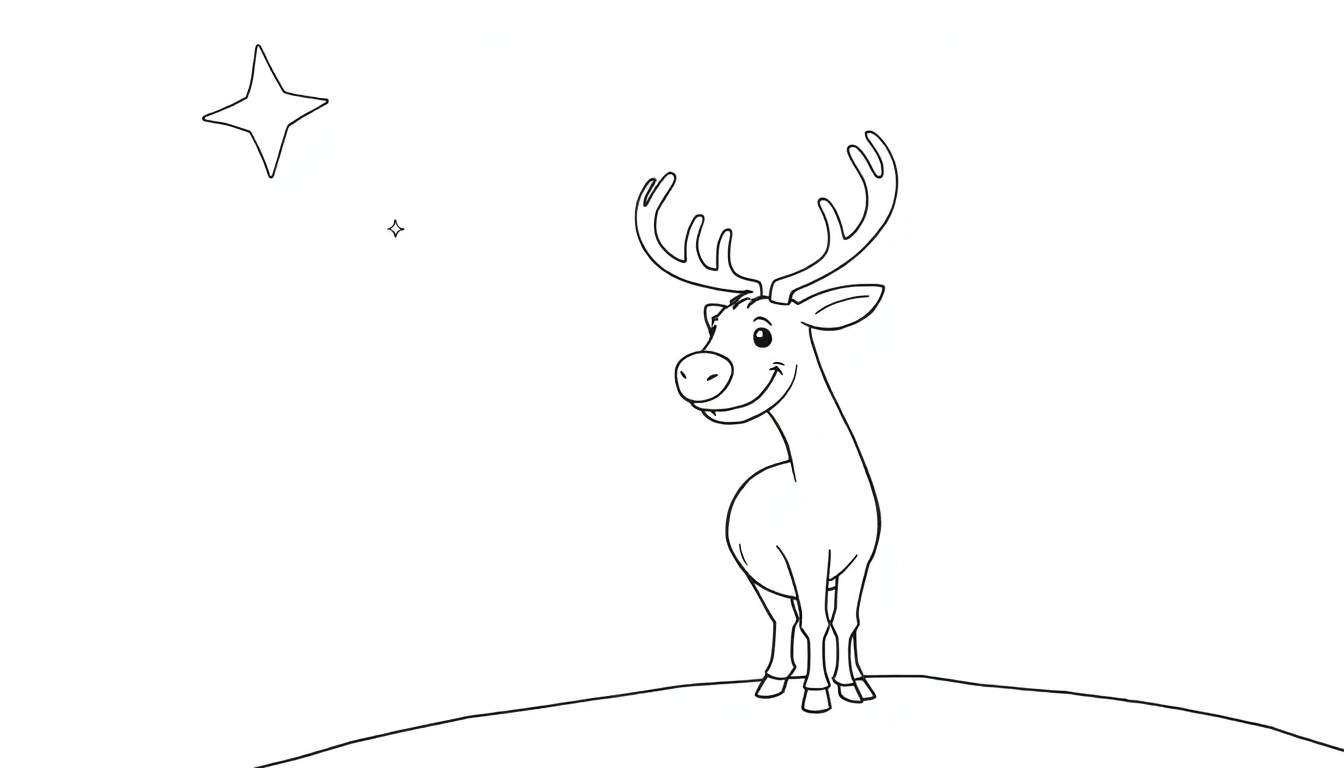 A cartoon reindeer on a hill, with stars above, ready for Christmas coloring. This is a color panel.