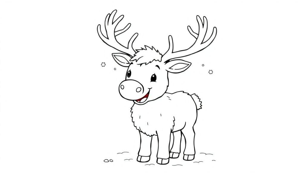 A cartoon reindeer coloring panel with big antlers and a fluffy chest.