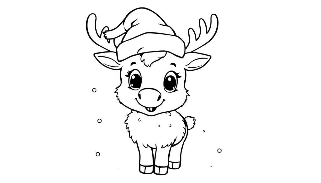 A cute cartoon reindeer with antlers and a Santa hat, perfect for a coloring panel.