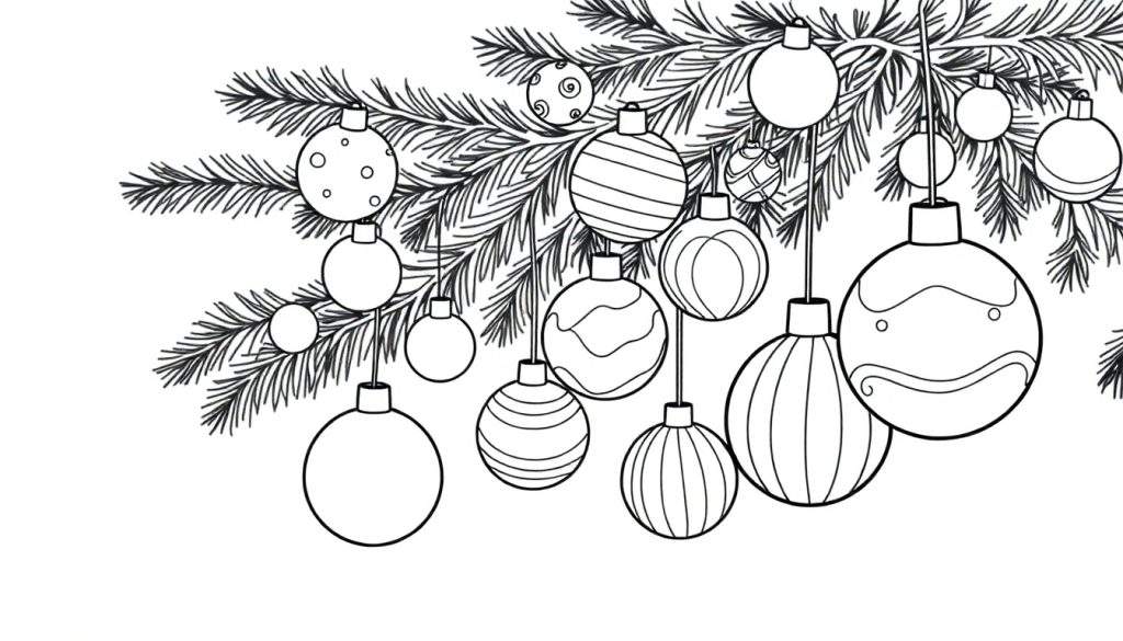 A black and white color panel drawing of a Christmas tree branch with many decorated ornaments.
