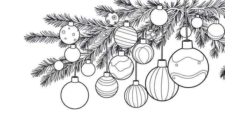 A black and white color panel drawing of a Christmas tree branch with many decorated ornaments.