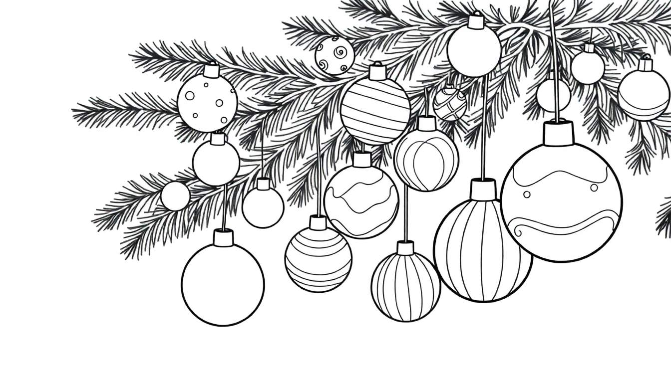 A black and white color panel drawing of a Christmas tree branch with many decorated ornaments.