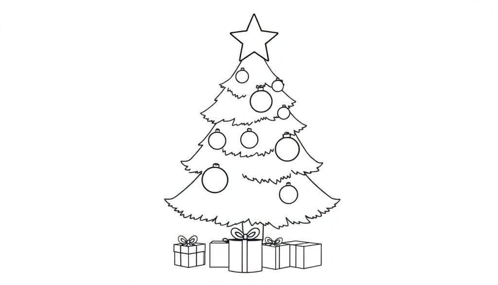A black and white illustration of a Christmas tree, ready for coloring, with round ornaments and a star. This is a color panel.