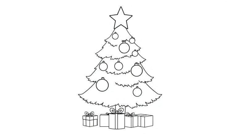 A black and white illustration of a Christmas tree, ready for coloring, with round ornaments and a star. This is a color panel.