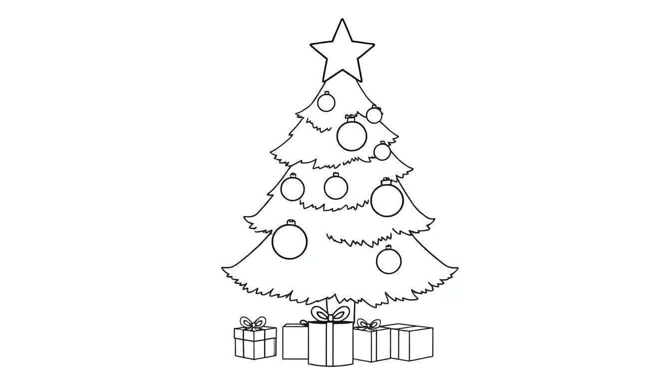 A black and white illustration of a Christmas tree, ready for coloring, with round ornaments and a star. This is a color panel.
