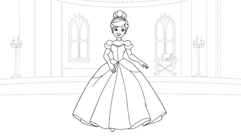 A black and white coloring page of Cinderella in a ballroom, ready to dance, smiling. This color panel is perfect for little artists!